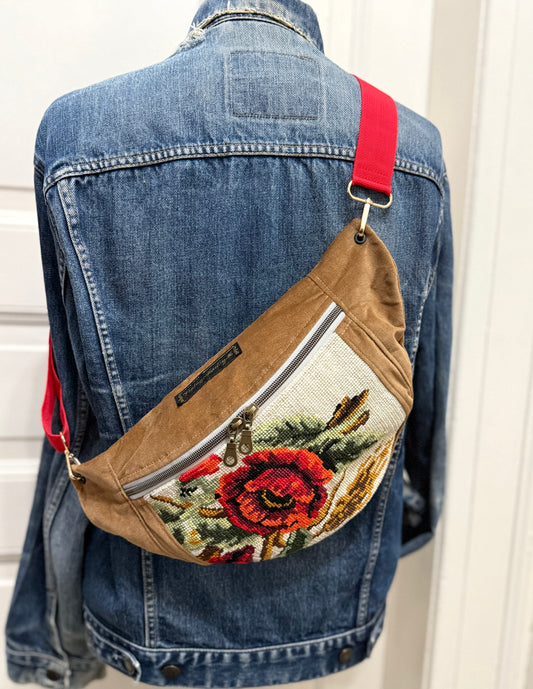 Brown velvet Vintage needlepoint design French tapestry bum bag by Vintagemadbym