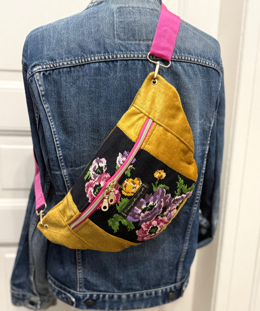Yellow Vintage needlepoint design French tapestry bum bag by Vintagemadbym