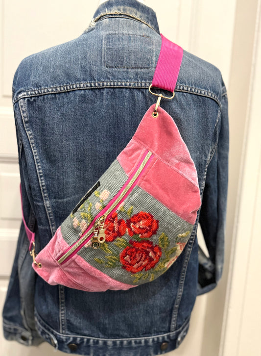 Pink Vintage needlepoint French vintage tapestry bum bag by Vintagemadbym