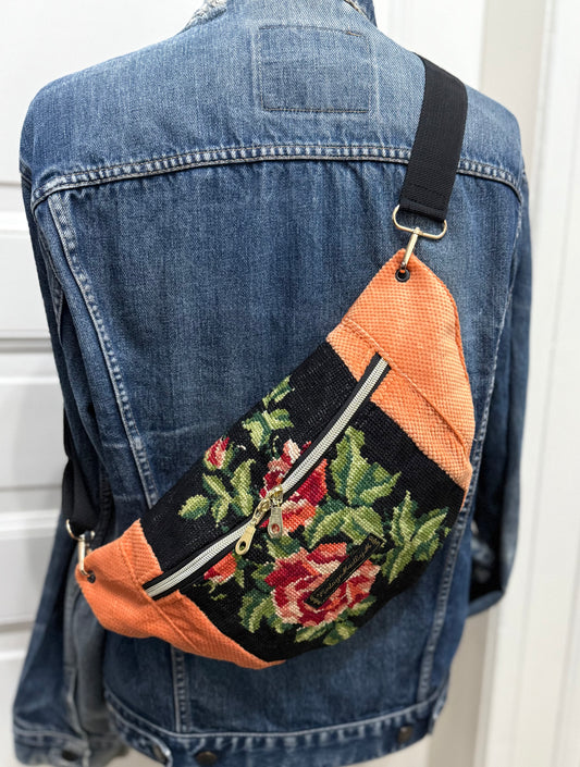 Orange Vintage needlepoint French vintage tapestry bum bag by Vintagemadbym