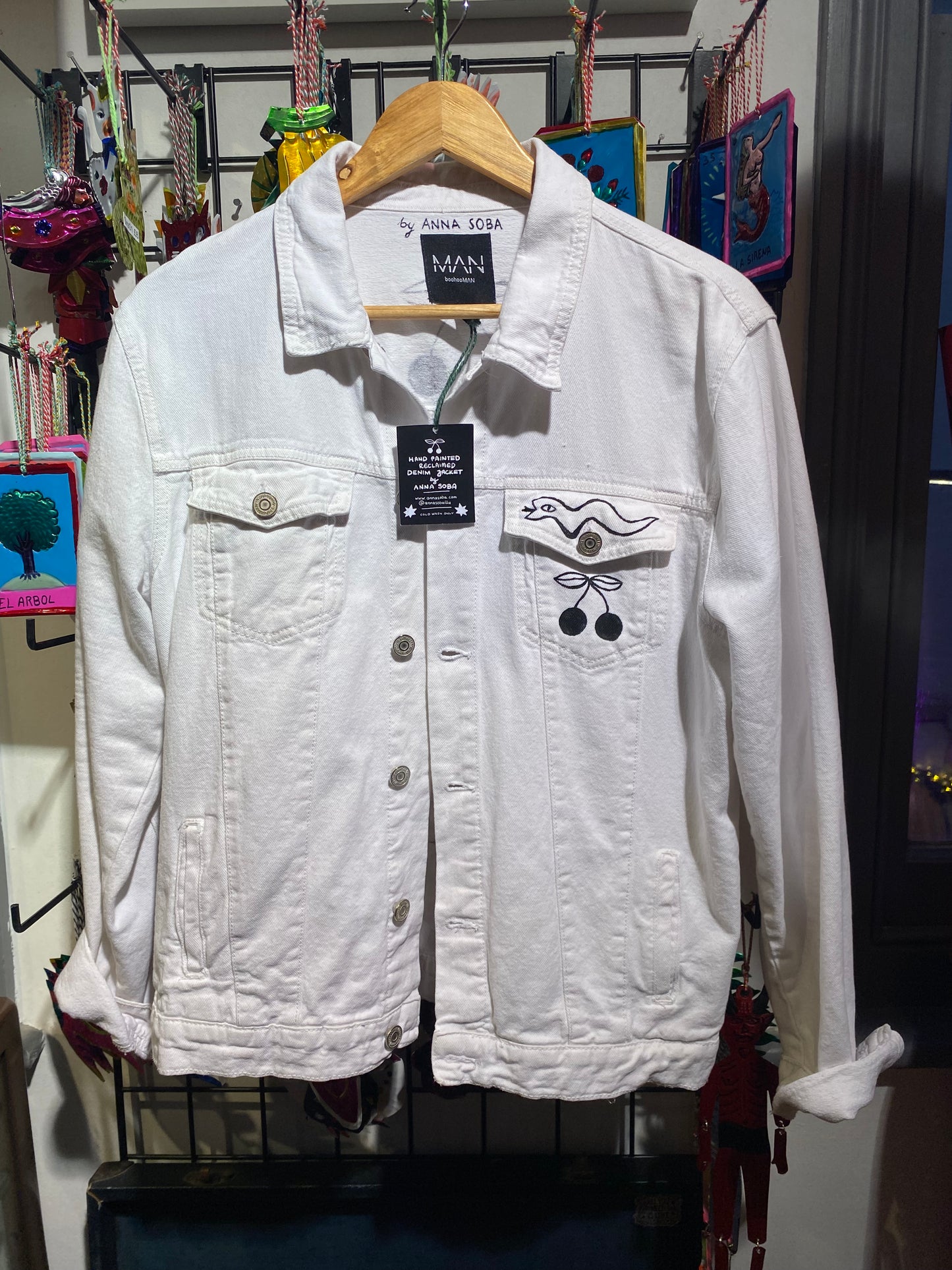 Reclaimed White Denim Jacket Hand Painted by Anna Soba