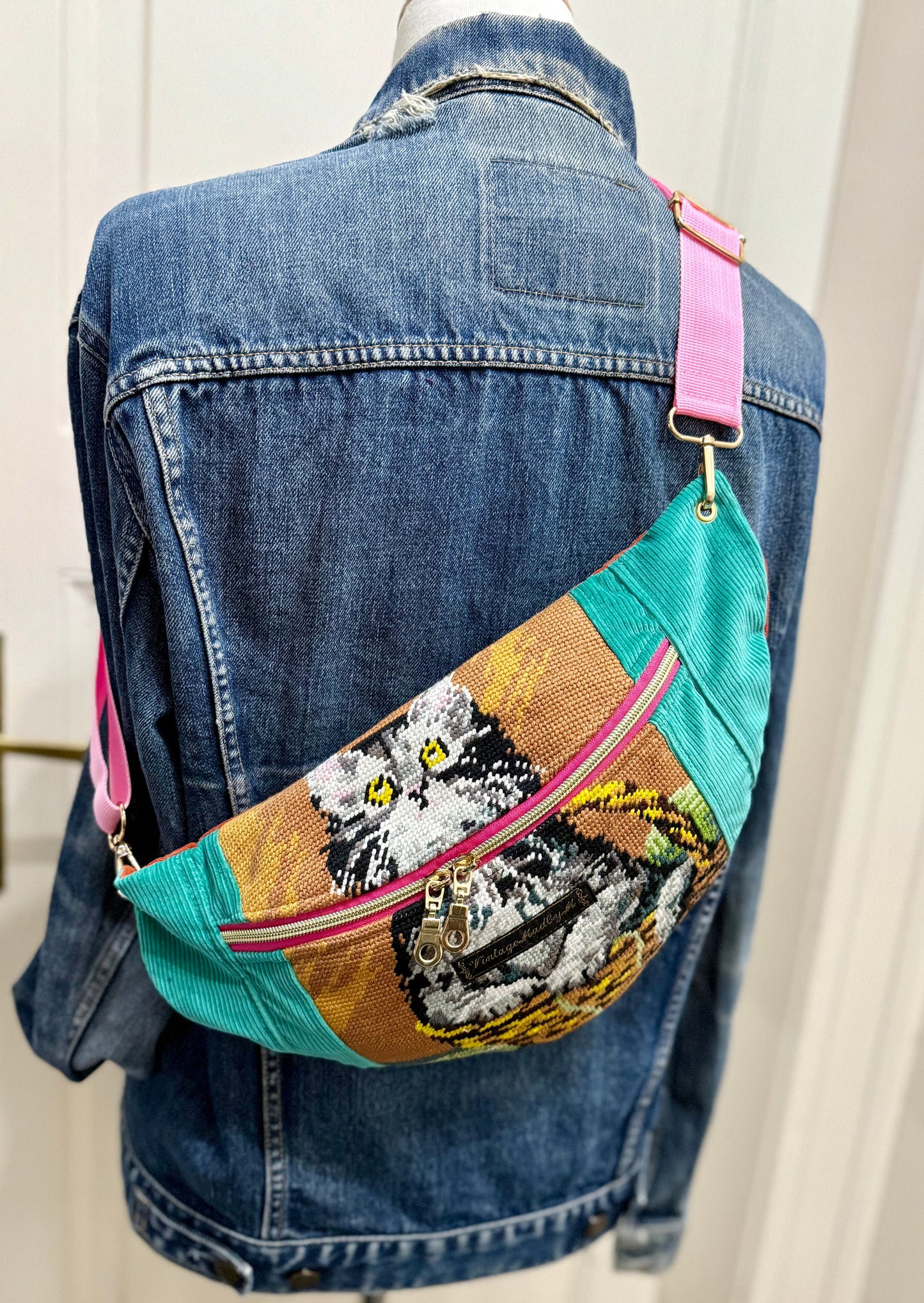 Vintage needlepoint Cat design French tapestry bum bag by Vintagemadbym