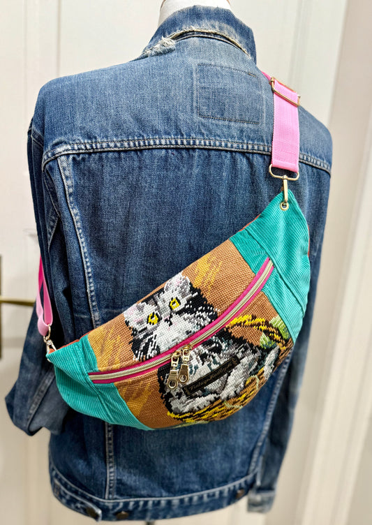 Vintage needlepoint Cat design French tapestry bum bag by Vintagemadbym