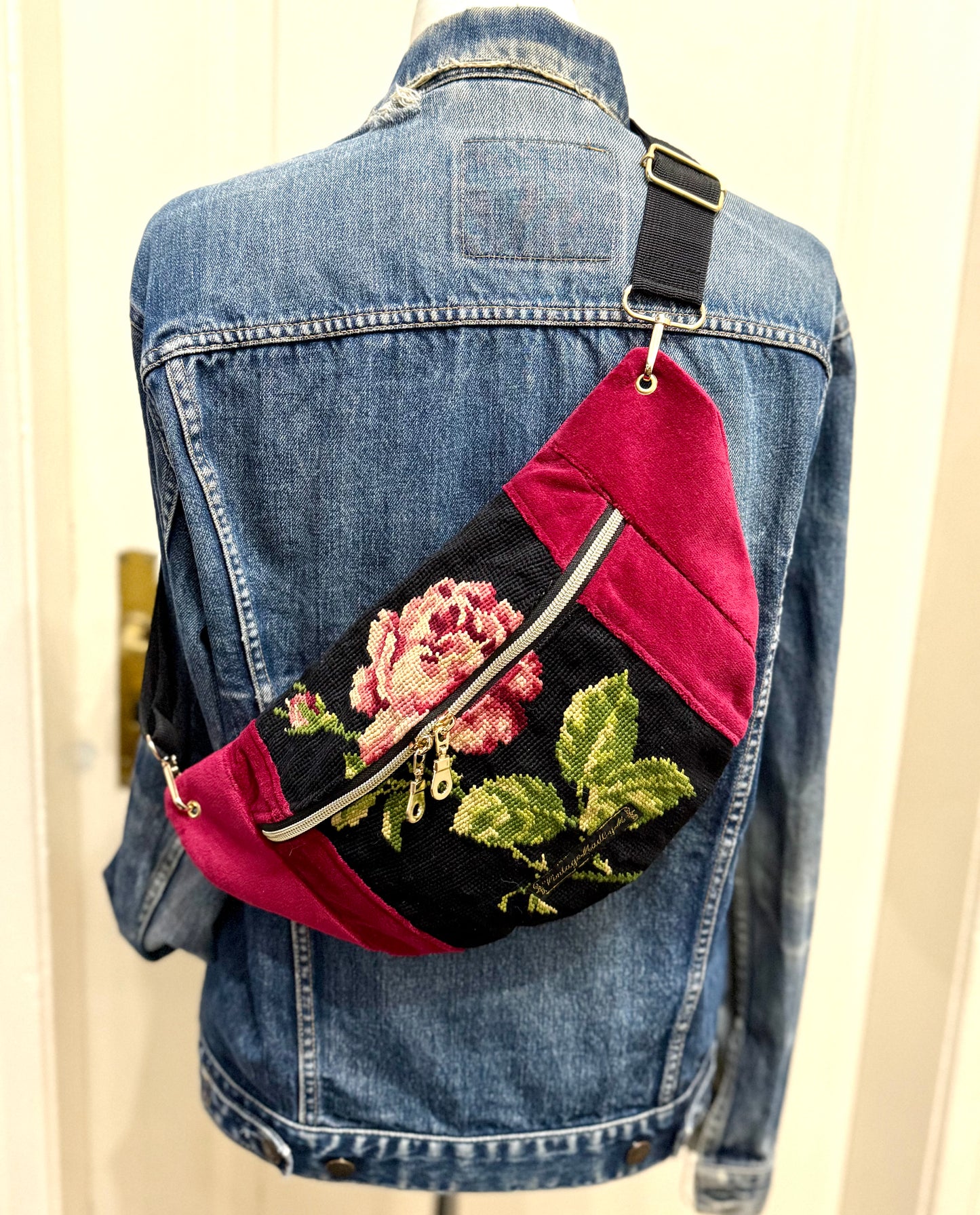 Velvet Pink Vintage needlepoint design French tapestry bum bag by Vintagemadbym