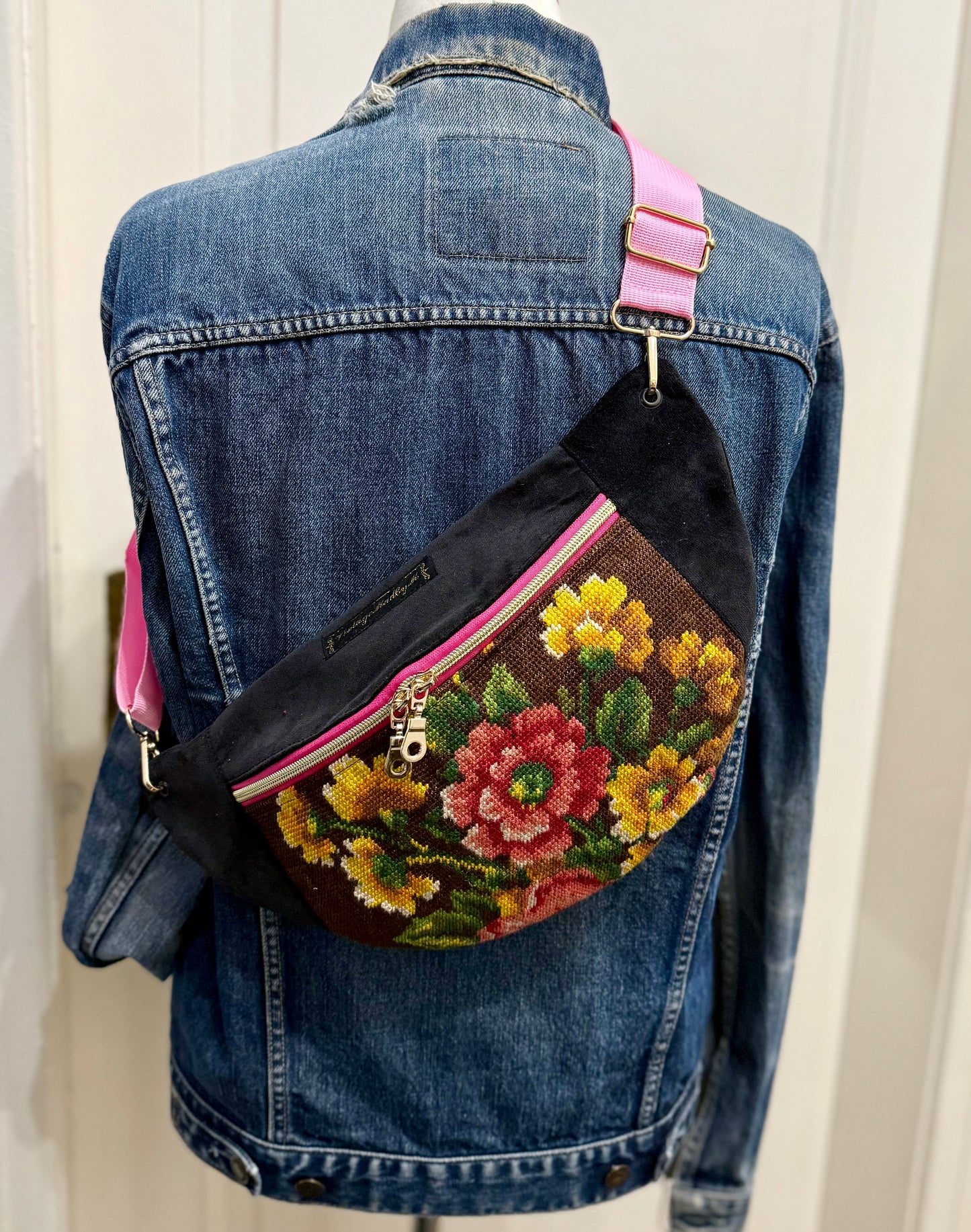 Vintage needlepoint design French tapestry bum bag by Vintagemadbym