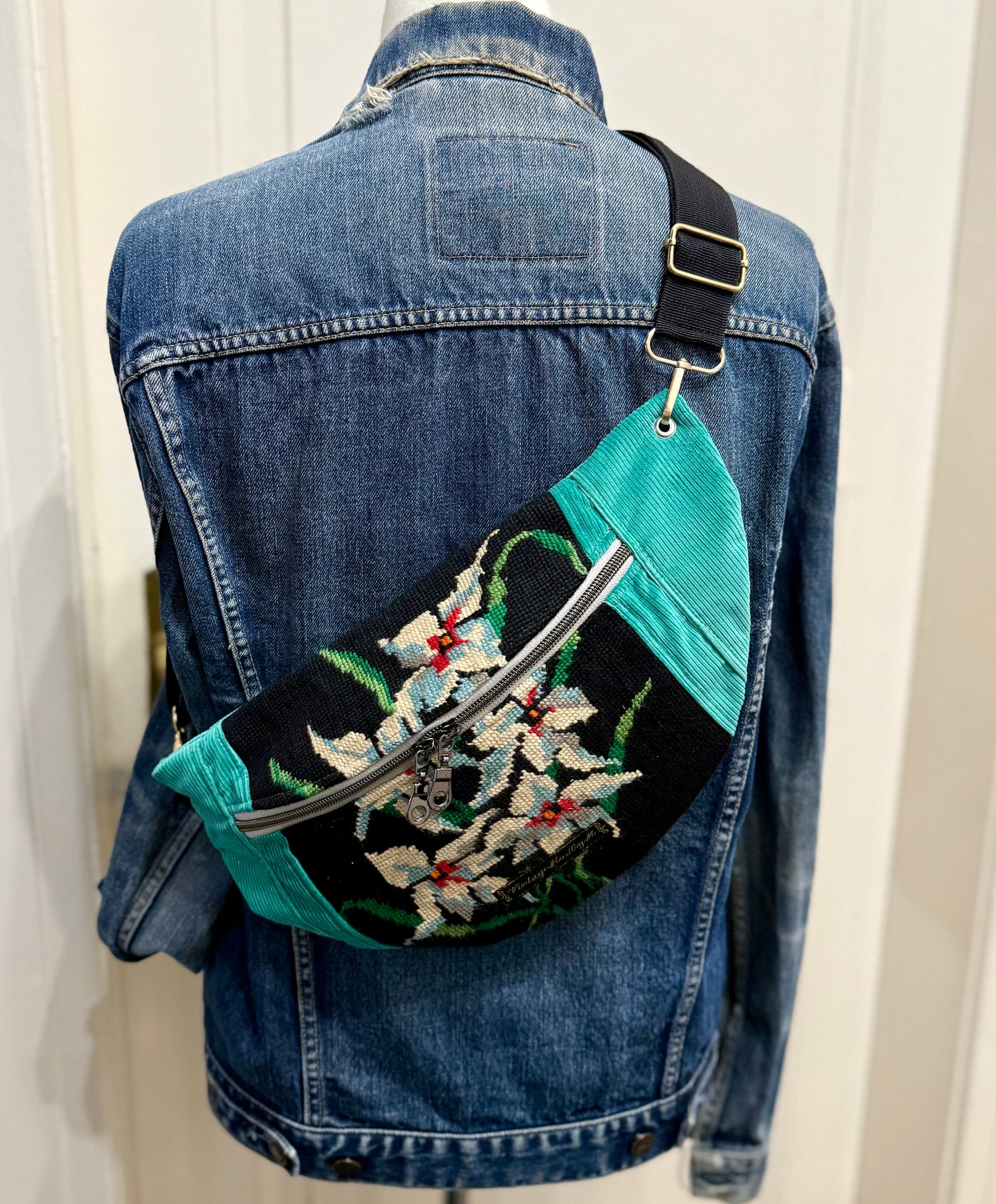 Velvet Turquoise Vintage needlepoint design French tapestry bum bag by Vintagemadbym