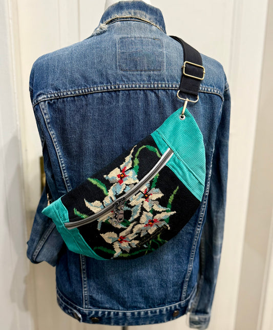 Velvet Turquoise Vintage needlepoint design French tapestry bum bag by Vintagemadbym