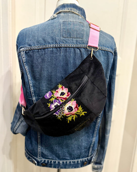 Velvet Black Vintage needlepoint design French tapestry bum bag by Vintagemadbym