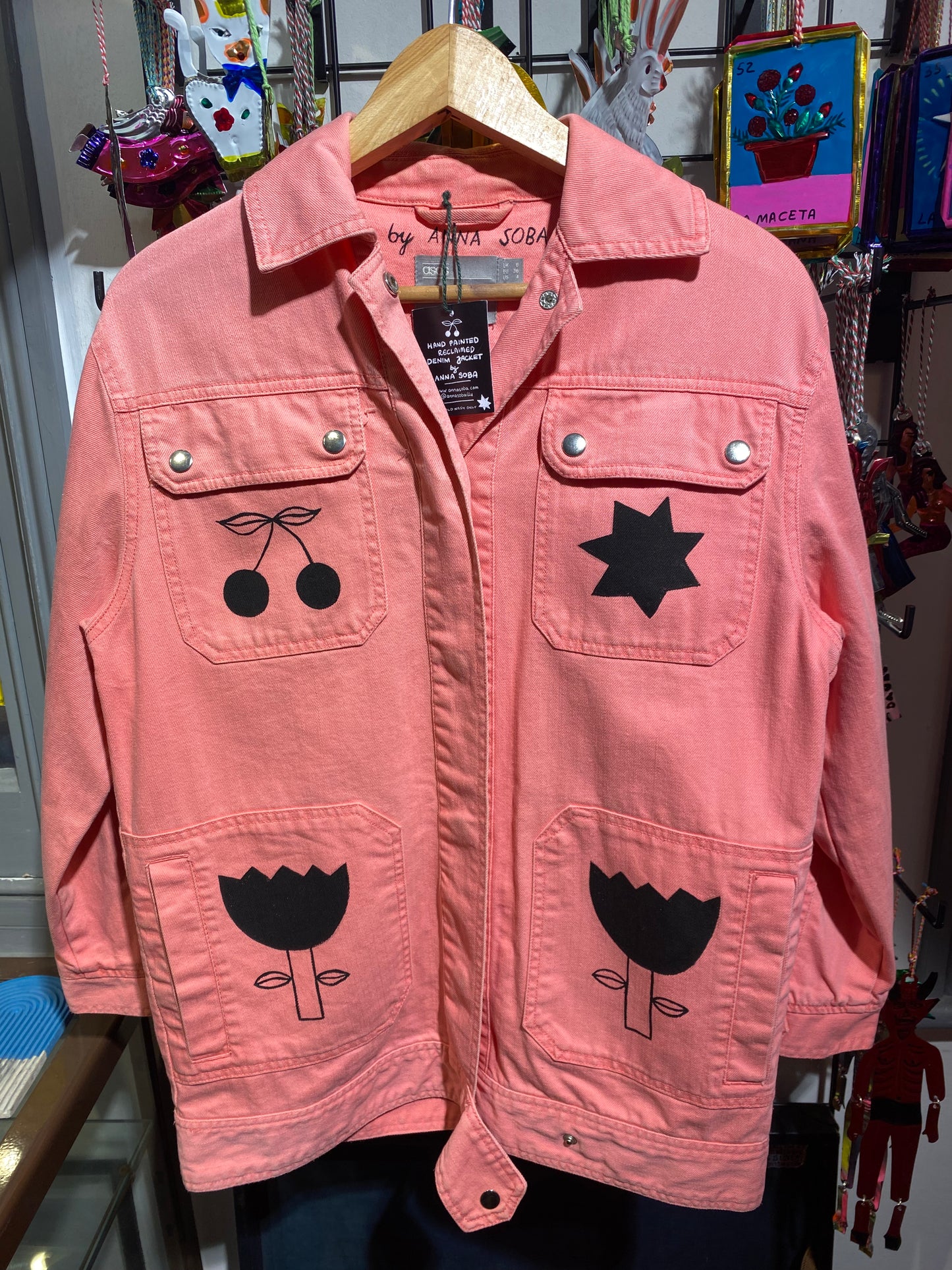 Illustration Reclaimed Pink Denim Jacket Hand Painted by Anna Soba