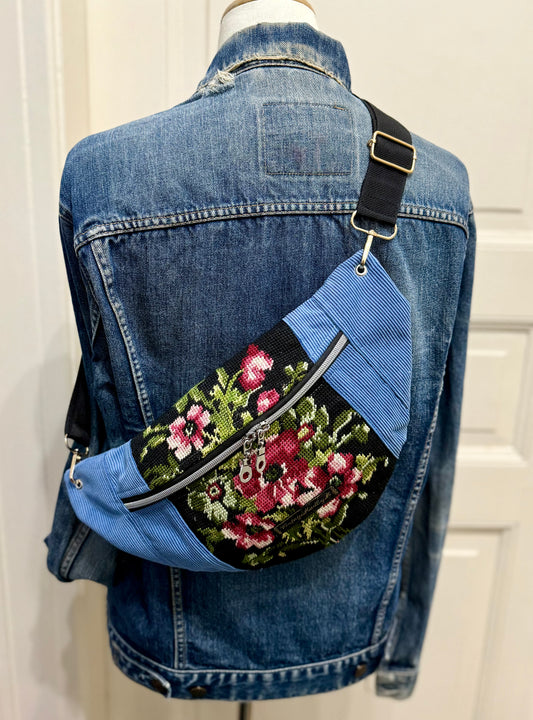 Corduroy Blue Vintage needlepoint design French tapestry bum bag by Vintagemadbym