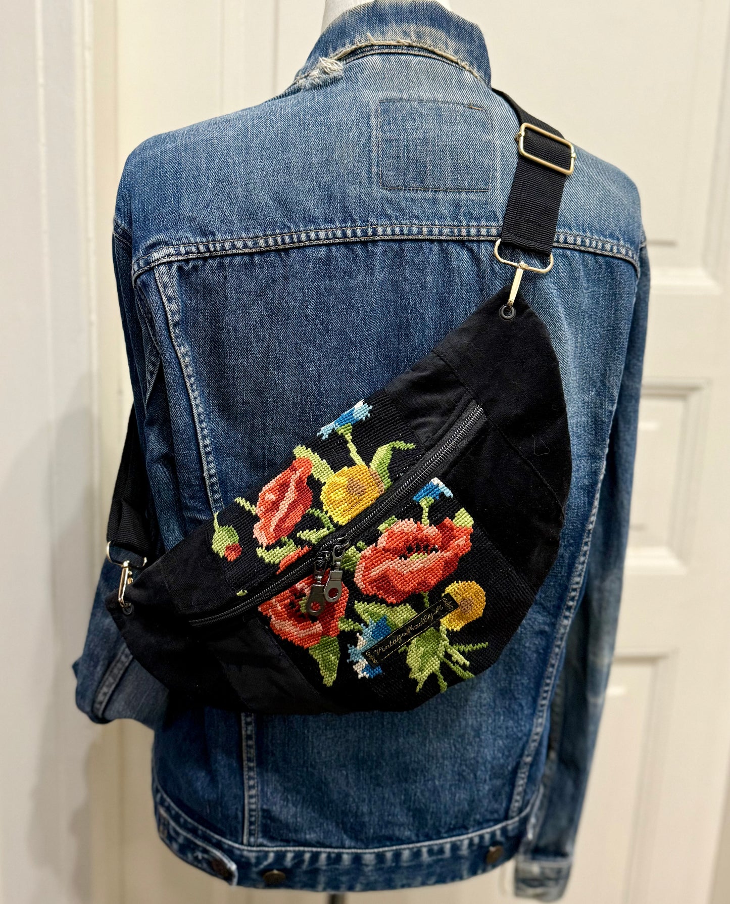 Black velvet Vintage needlepoint design French tapestry bum bag by Vintagemadbym