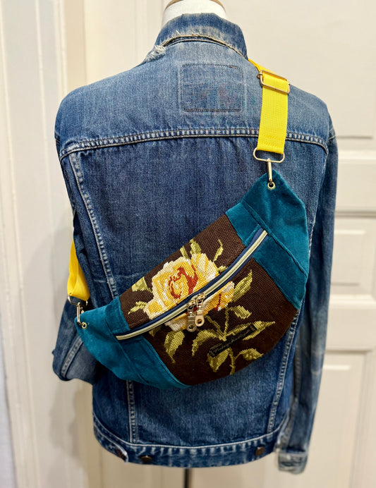 Teal velvet Vintage needlepoint design French tapestry bum bag by Vintagemadbym