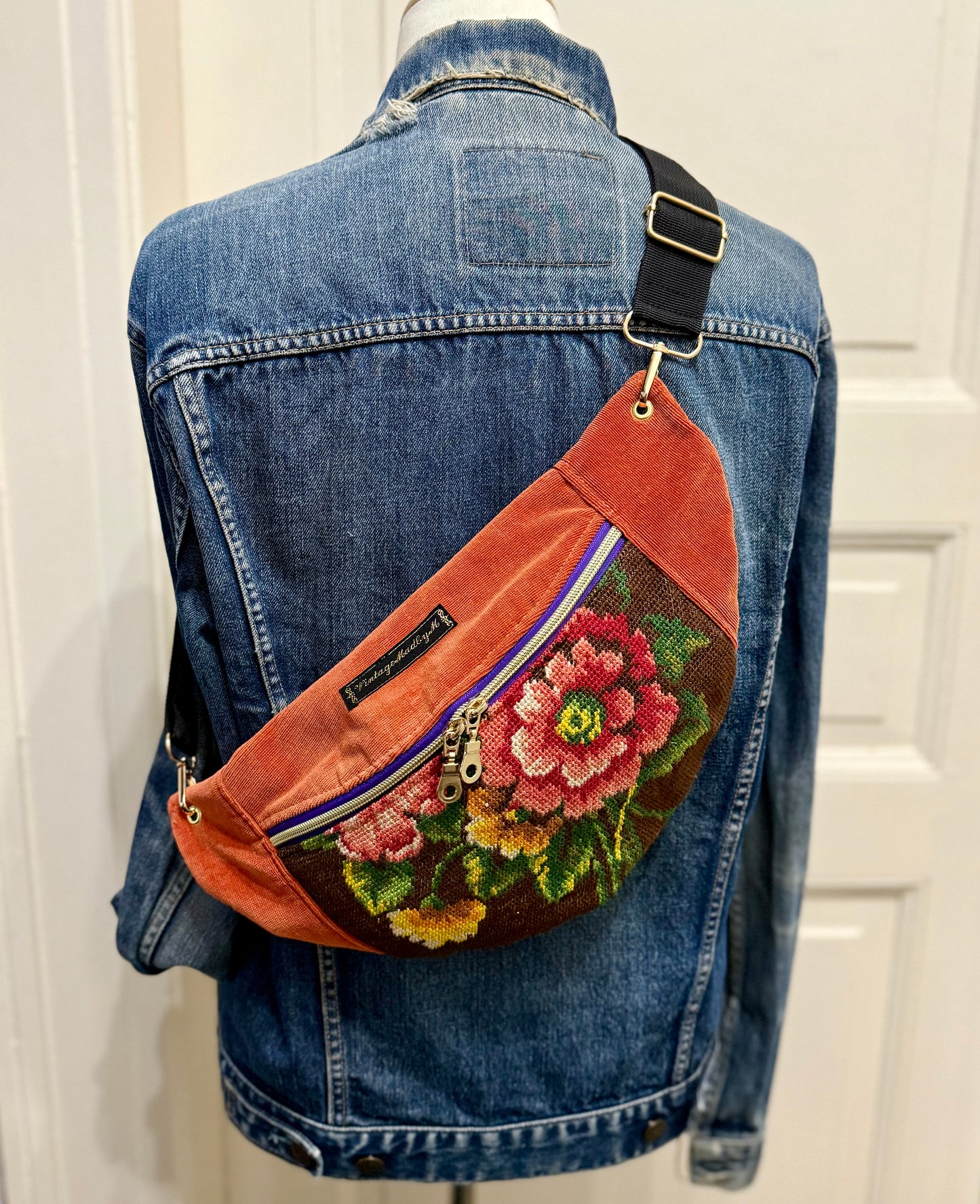 Orange velvet Vintage needlepoint design French tapestry bum bag by Vintagemadbym