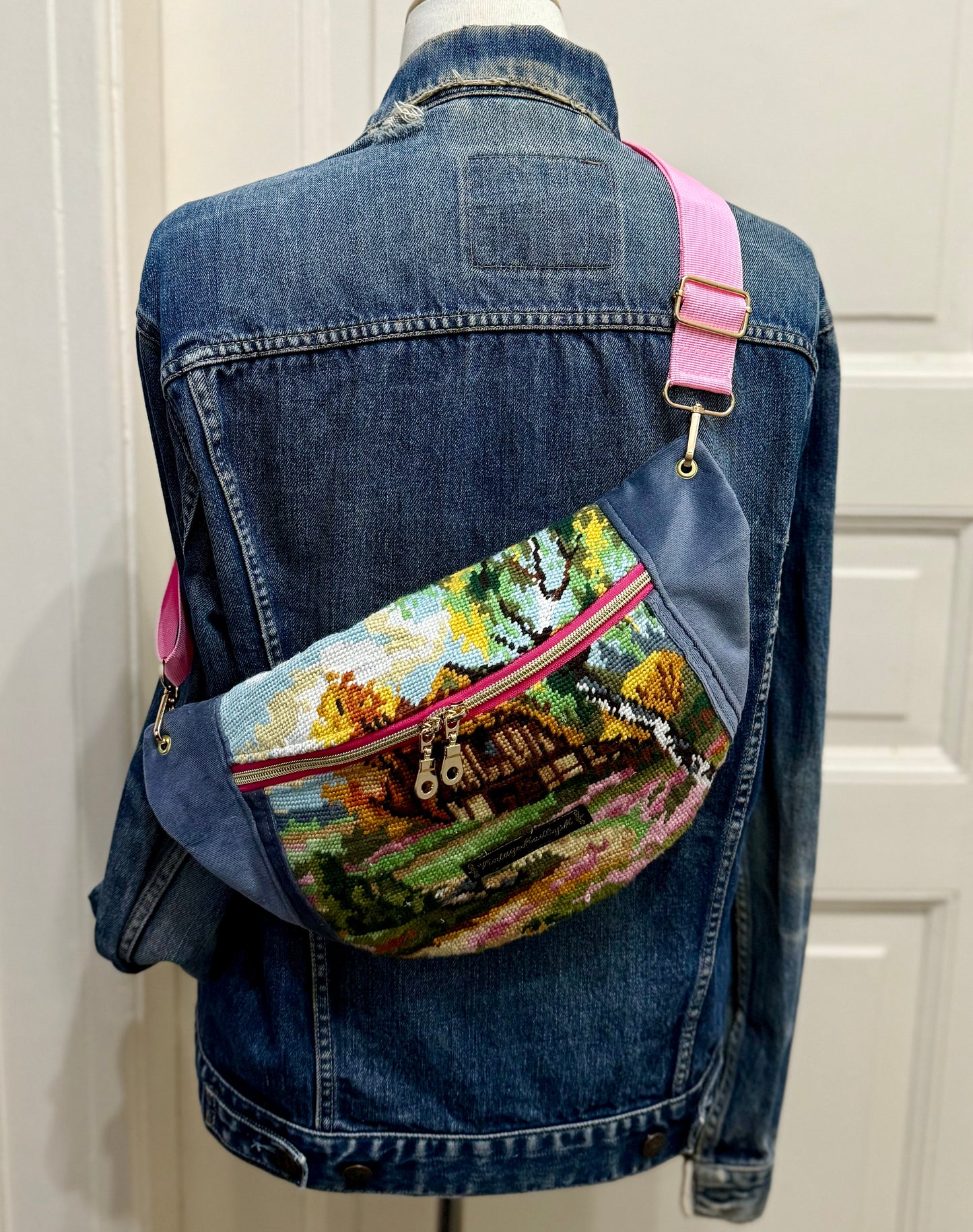 Vintage needlepoint design French tapestry bum bag by Vintagemadbym