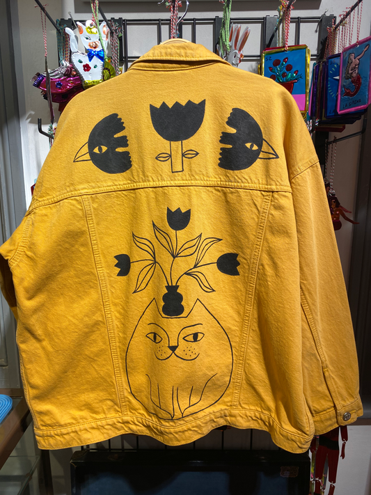 Illustration Reclaimed Mustard Yellow Denim Jacket Hand Painted by Anna Soba
