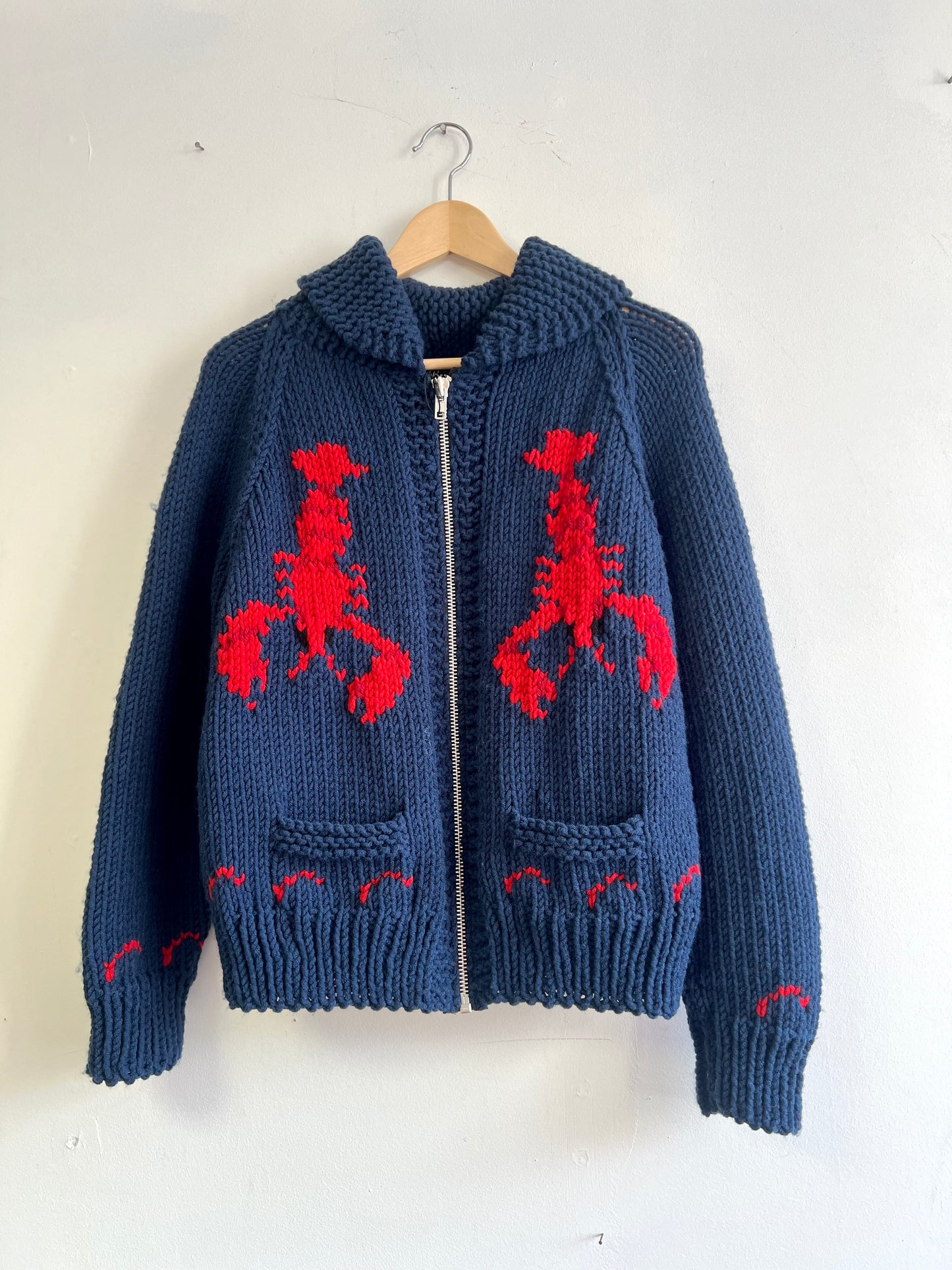 Lobster Chunky Navy Handknit Cardigan by Bucko