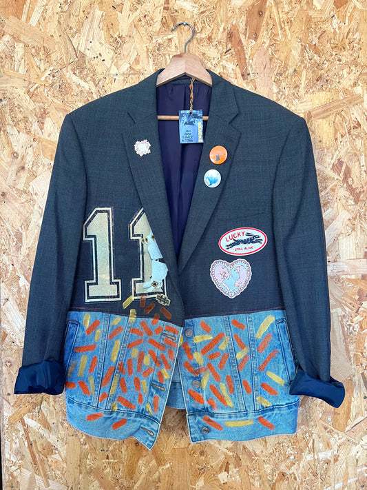 Upcycled Blazer Jacket with Pins, Patches &  Artwork by JM Basquiat By Snacks