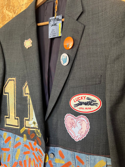 Upcycled Blazer Jacket with Pins, Patches &  Artwork by JM Basquiat By Snacks