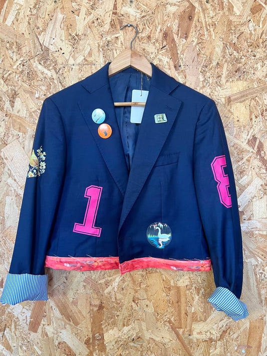 Cool Upcycled Blazer Jacket with Pins, Patches & Lucky Strike Artwork By Snacks
