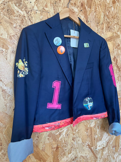 Cool Upcycled Blazer Jacket with Pins, Patches & Lucky Strike Artwork By Snacks