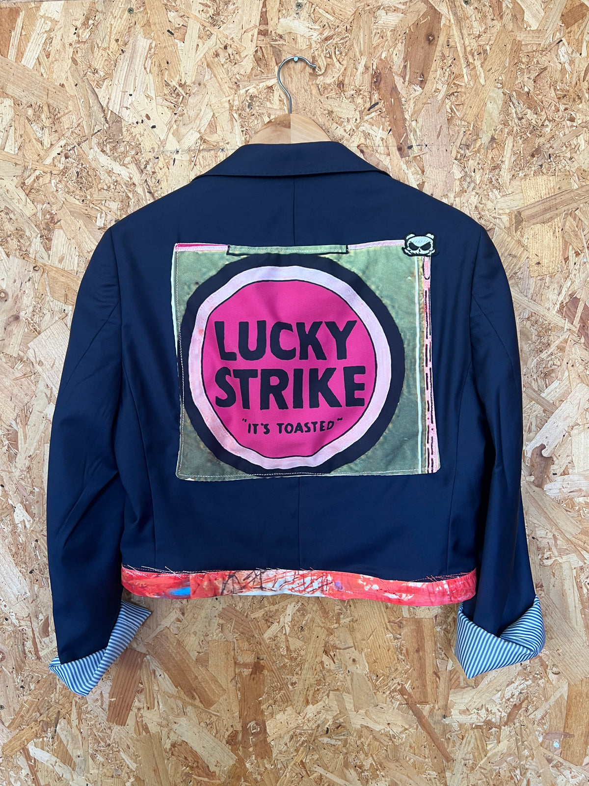 Cool Upcycled Blazer Jacket with Pins, Patches & Lucky Strike Artwork By Snacks