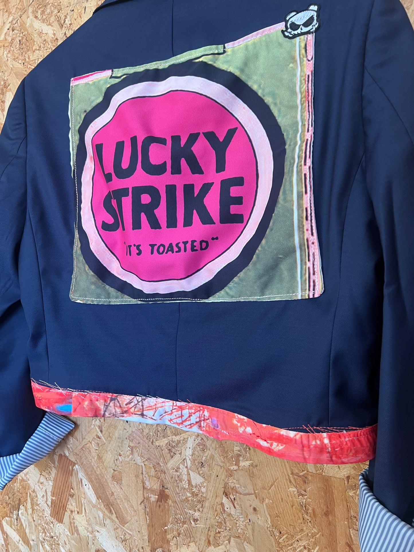 Cool Upcycled Blazer Jacket with Pins, Patches & Lucky Strike Artwork By Snacks