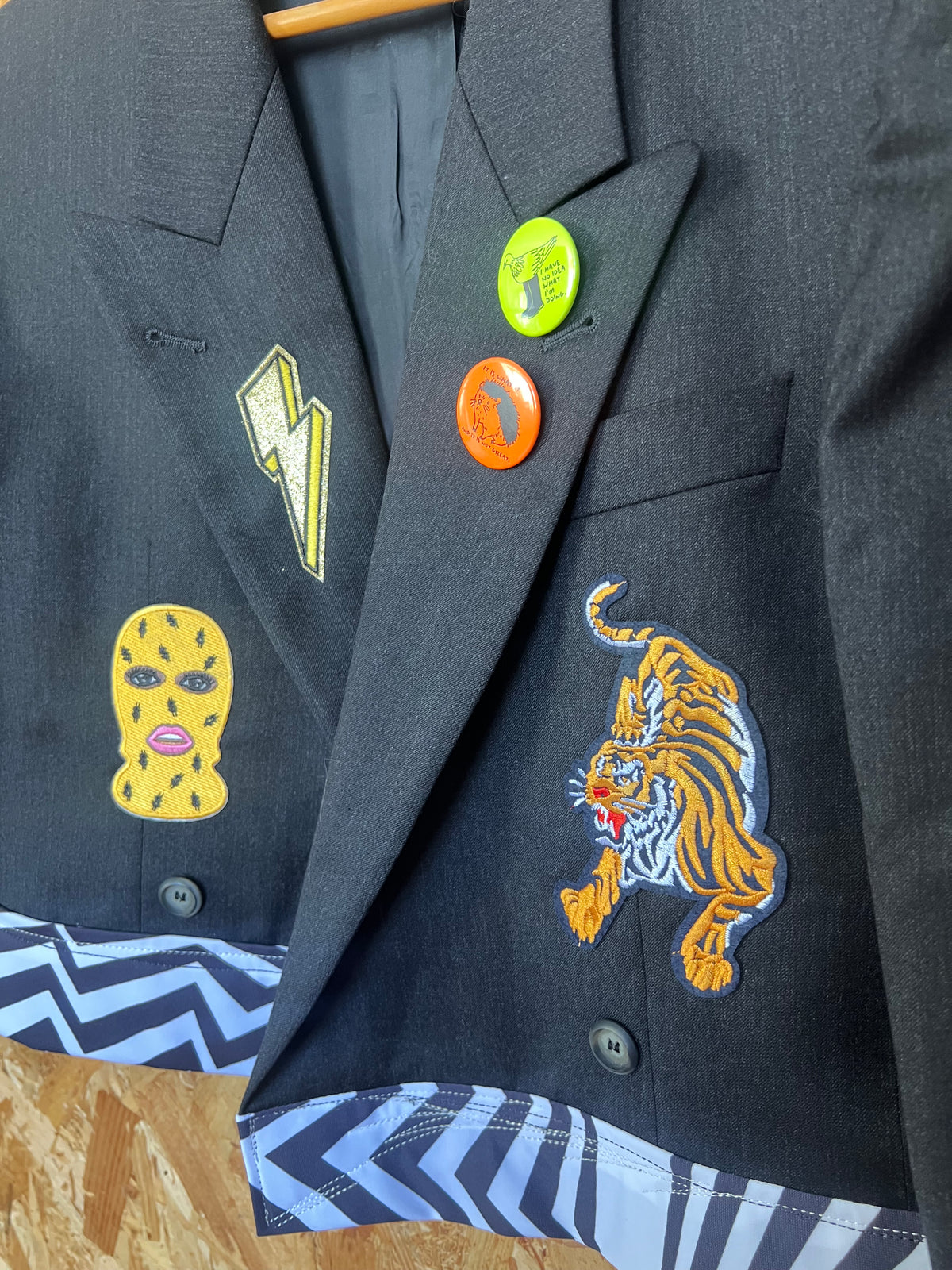 Cool Upcycled Blazer Jacket with Pins And Patches  By Snacks