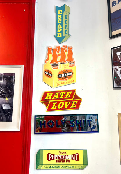 HATE LOVE Hand-Printed Wooden Art Sign by Patrick Edgeley