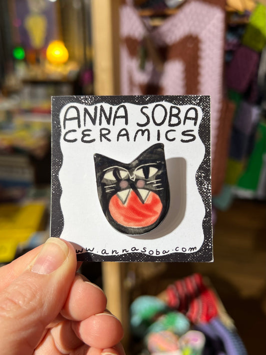 Ceramic Black Cat Brooch by Anna Soba