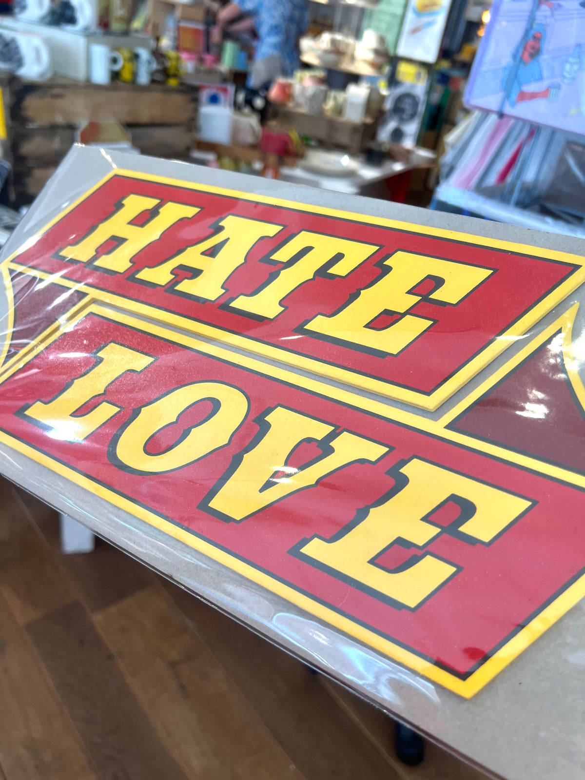 HATE LOVE Hand-Printed Wooden Art Sign by Patrick Edgeley