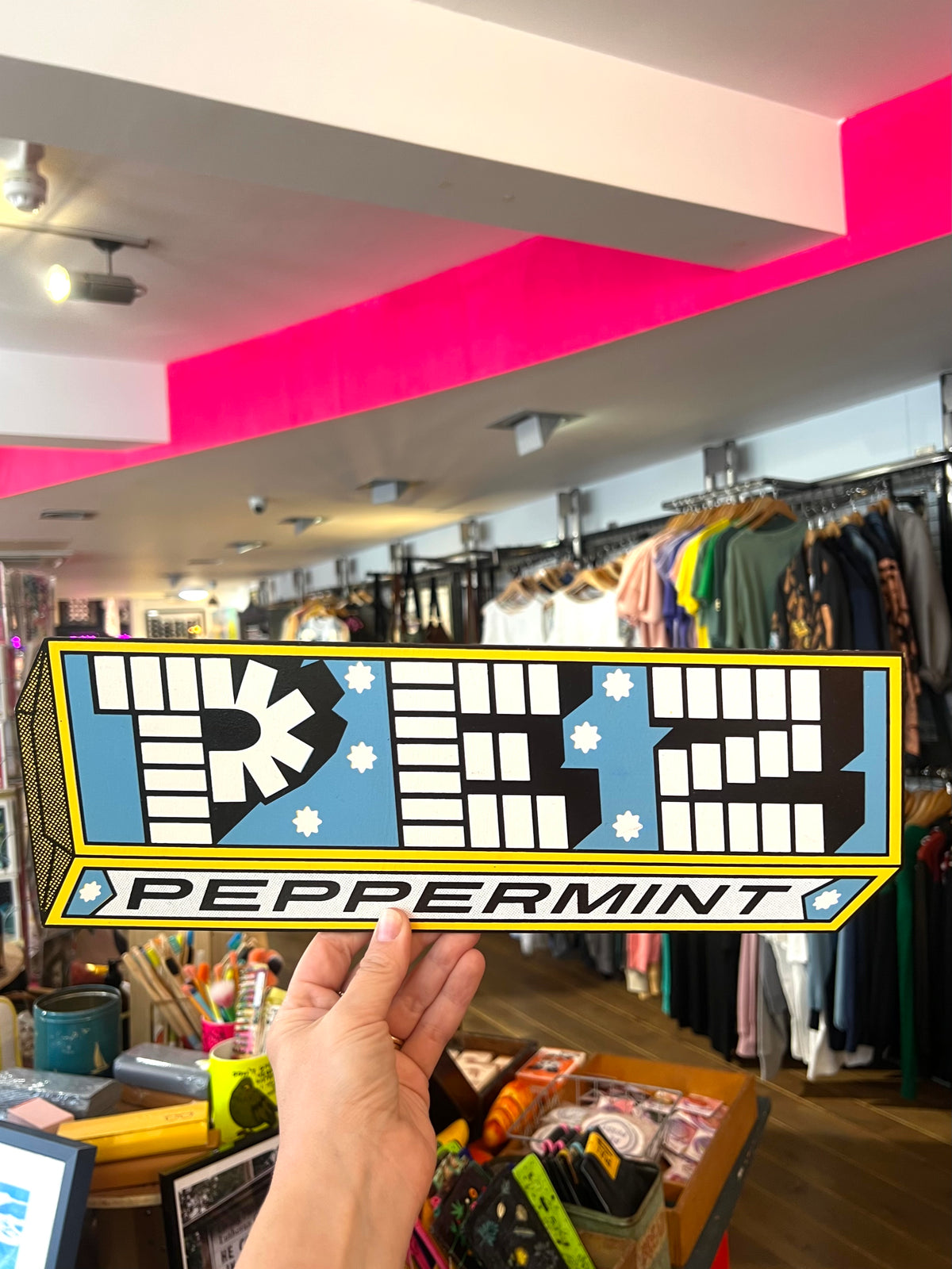 PEZ Hand-Printed Wooden Art Sign by Patrick Edgeley