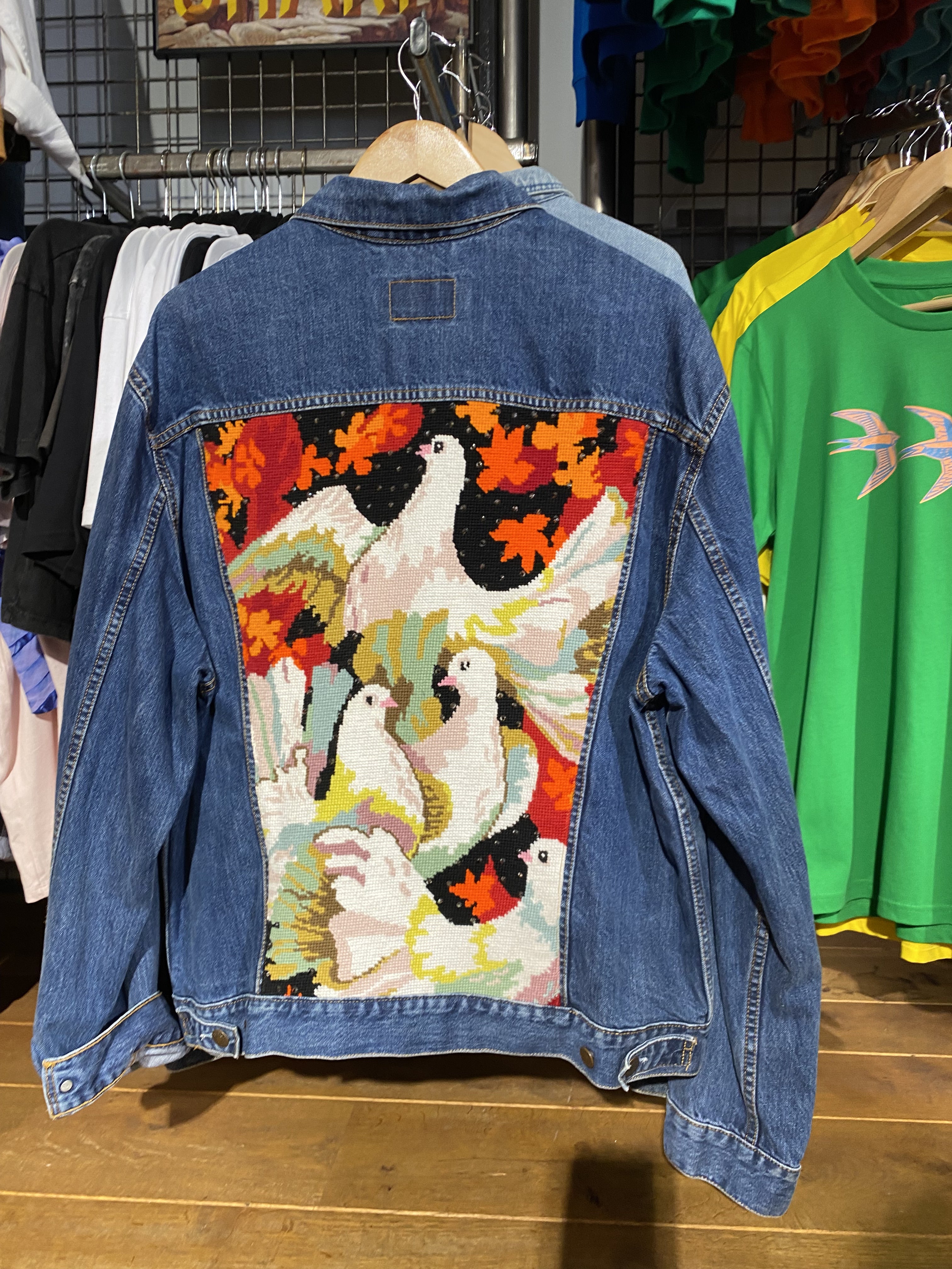 4 Doves embroidery Re worked Vintage Levi Denim Jacket by Stitch Make