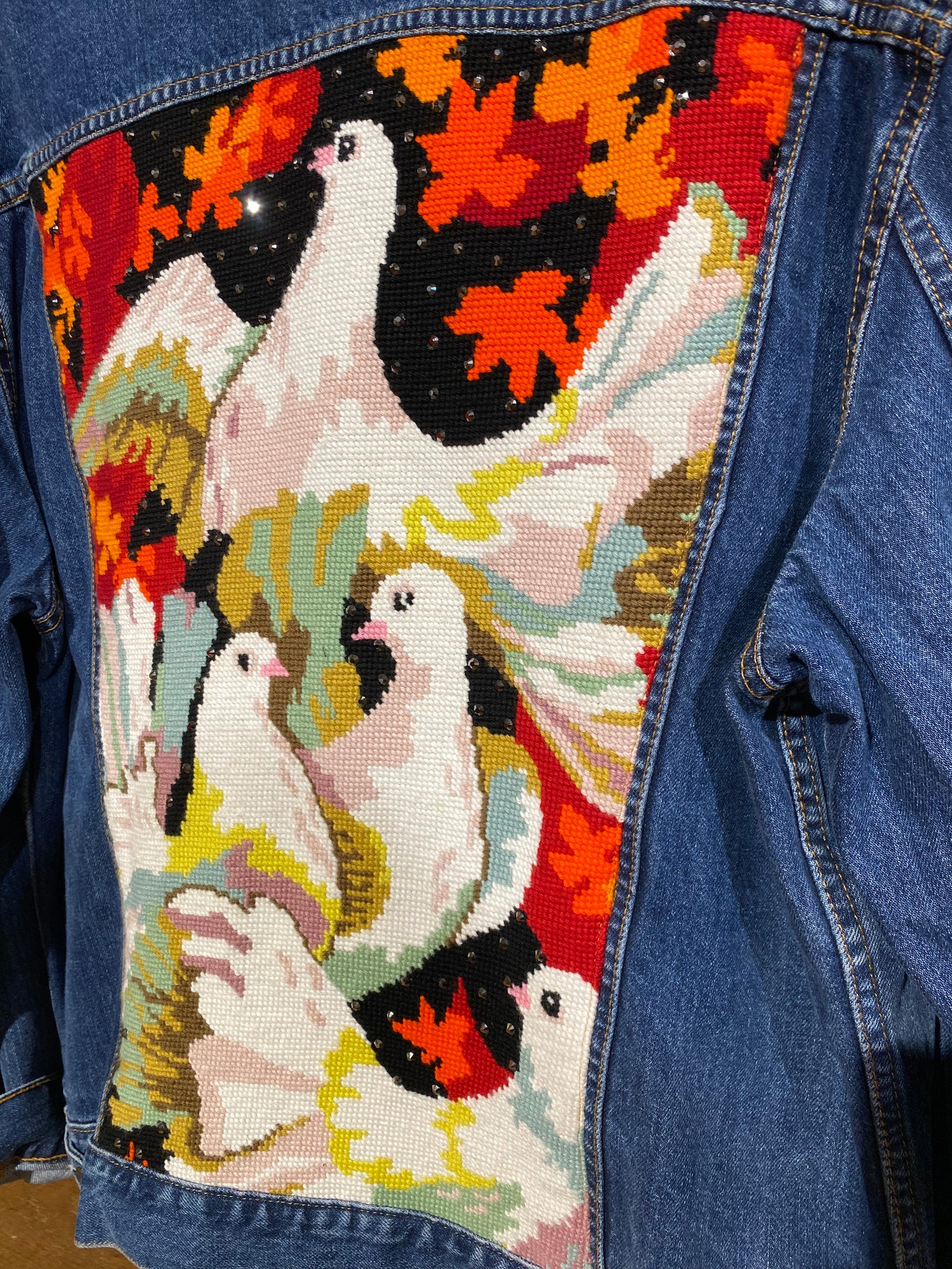 4 Doves embroidery - Re-worked Vintage Levi Denim Jacket by Stitch & Make