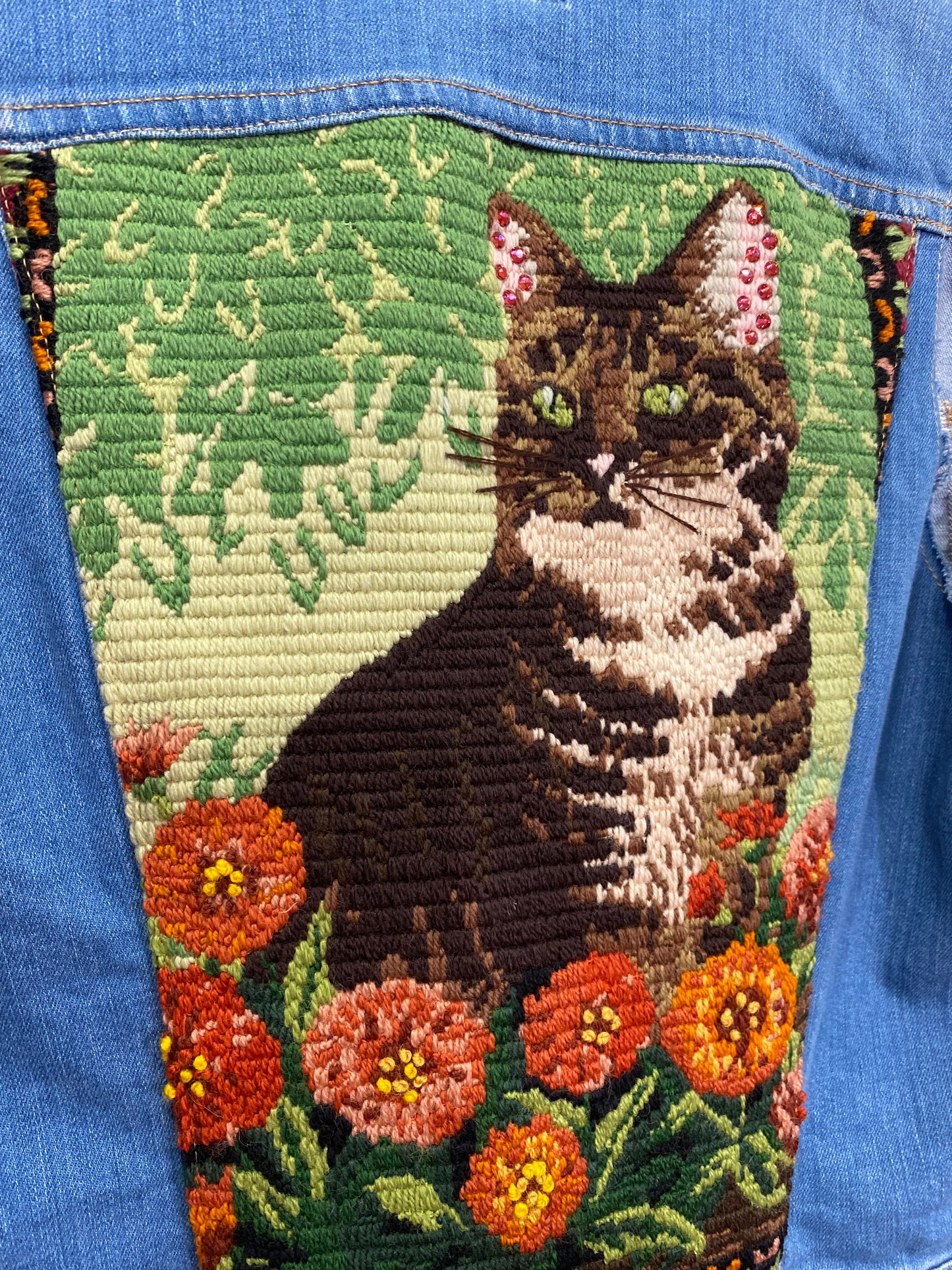 Cat Embroidery - Sleeveless Re-worked Vintage Denim Jacket by Stitch & Make