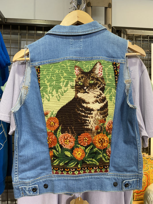 Cat Embroidery - Sleeveless Re-worked Vintage Denim Jacket by Stitch & Make