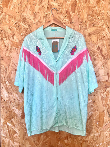 Sky Blue Shirt With Embroidery Magic Mushroom And Pink Fringe by Flamingo Rodeo
