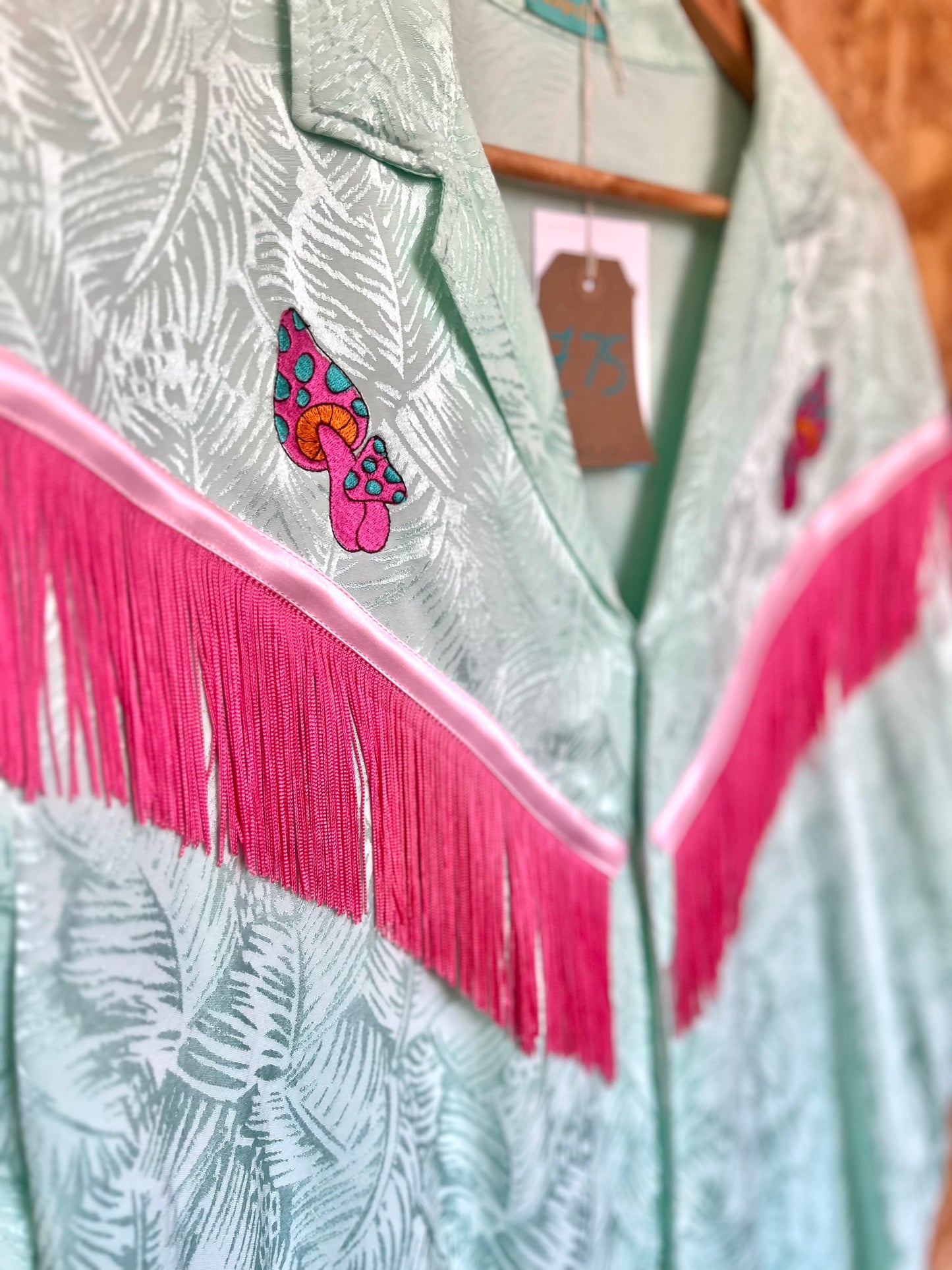 Sky Blue Shirt With Embroidery Magic Mushroom And Pink Fringe by Flamingo Rodeo