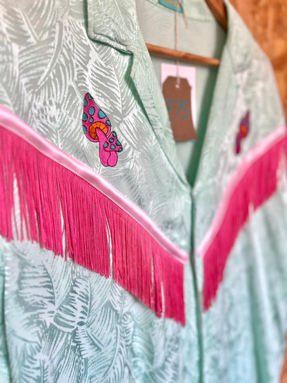 Sky Blue Shirt With Embroidery Magic Mushroom And Pink Fringe by Flamingo Rodeo