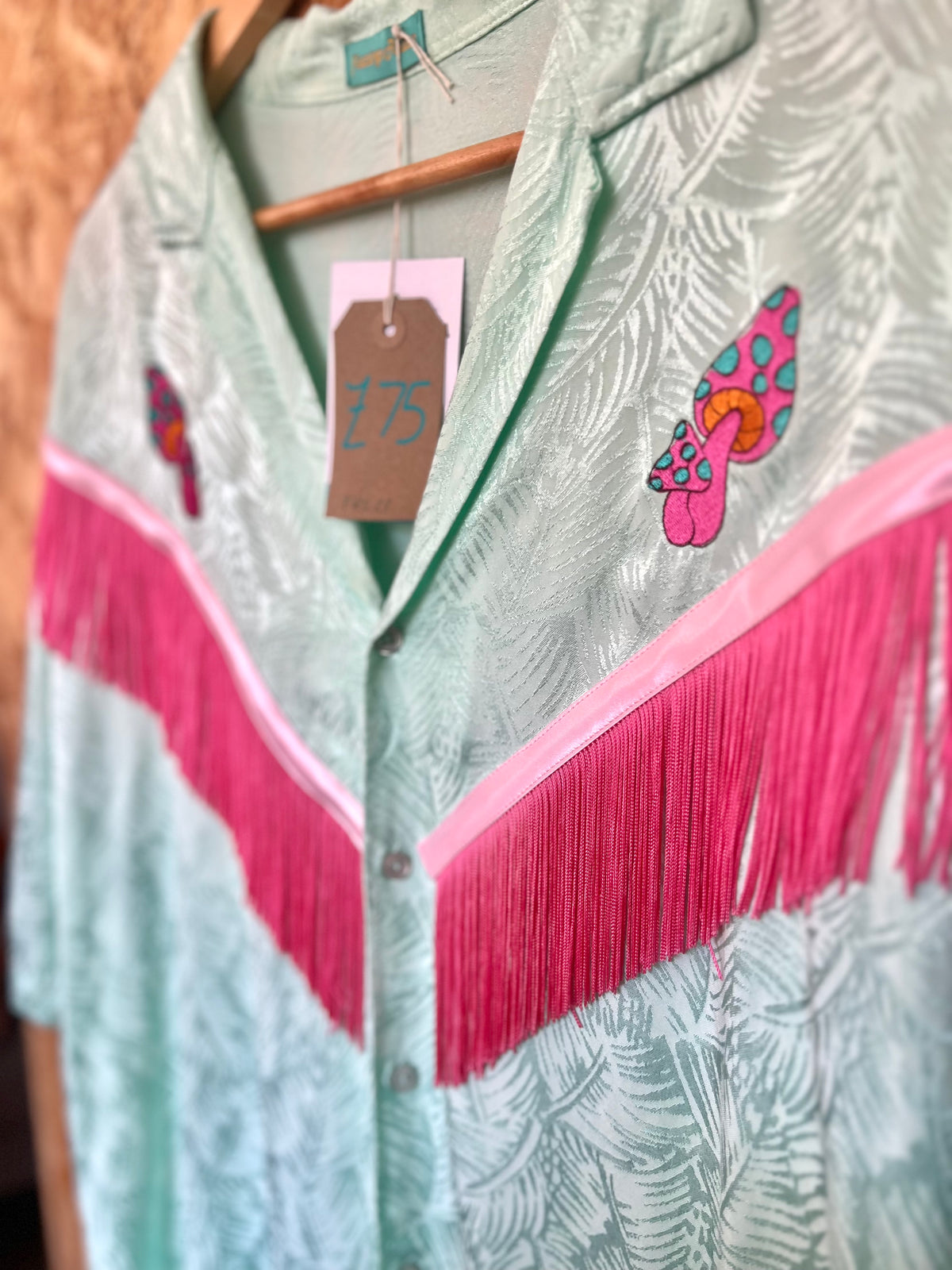Sky Blue Shirt With Embroidery Magic Mushroom And Pink Fringe by Flamingo Rodeo