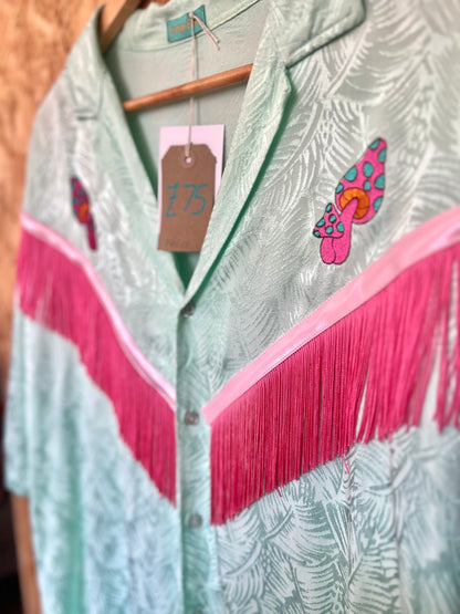 Sky Blue Shirt With Embroidery Magic Mushroom And Pink Fringe by Flamingo Rodeo