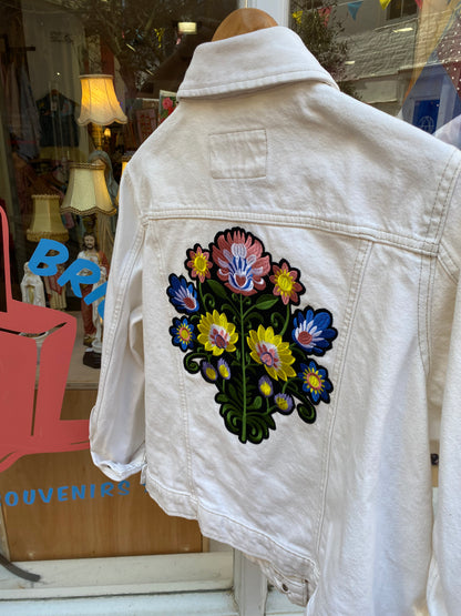 Upcycled Vintage White Denim Jacket Floral Embroidery by Snacks