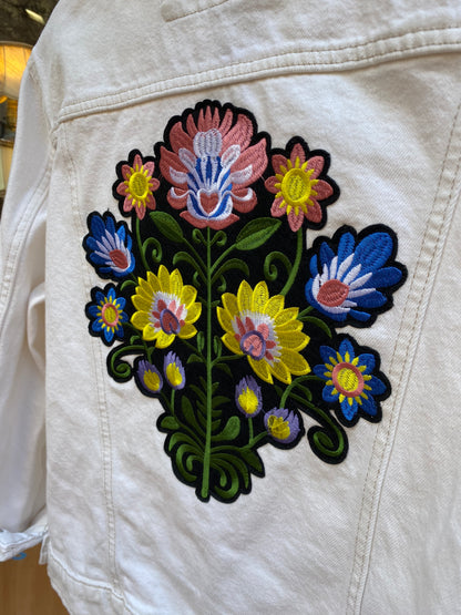 Upcycled Vintage White Denim Jacket Floral Embroidery by Snacks