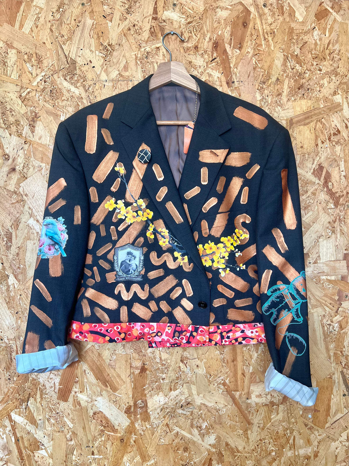 Upcycled Blazer Jacket with Pins, Patches & Artwork by Snacks
