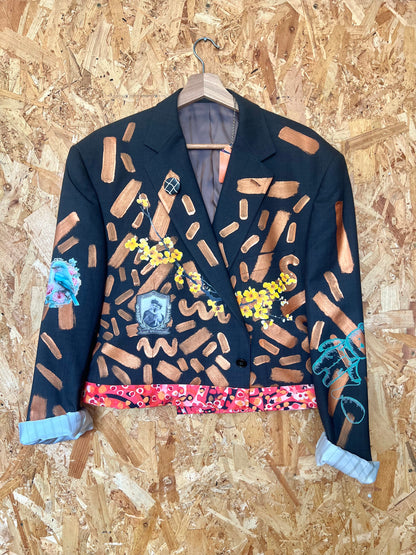 Upcycled Blazer Jacket with Pins, Patches & Artwork by Snacks