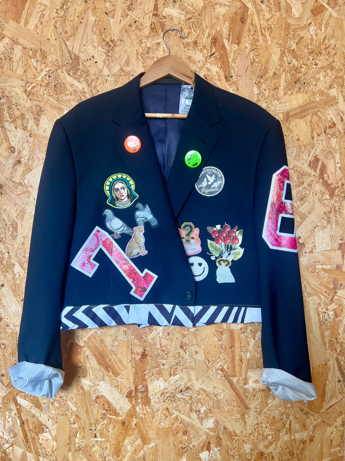 Upcycled Blazer Jacket with Pins,Signs, Patches & Artwork by Snacks