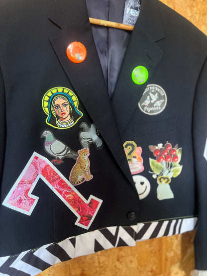 Upcycled Blazer Jacket with Pins,Signs, Patches & Artwork by Snacks