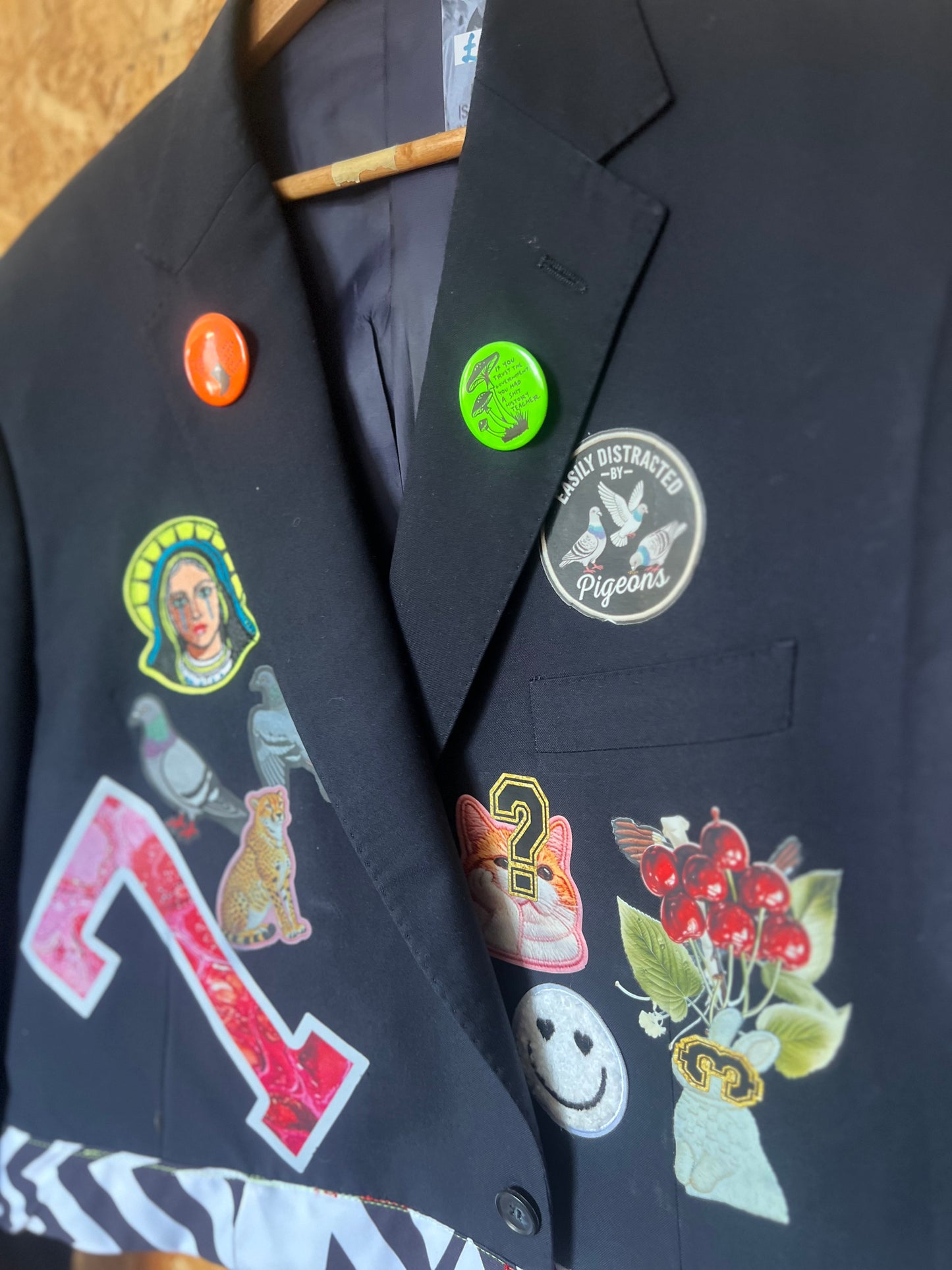 Upcycled Blazer Jacket with Pins,Signs, Patches & Artwork by Snacks