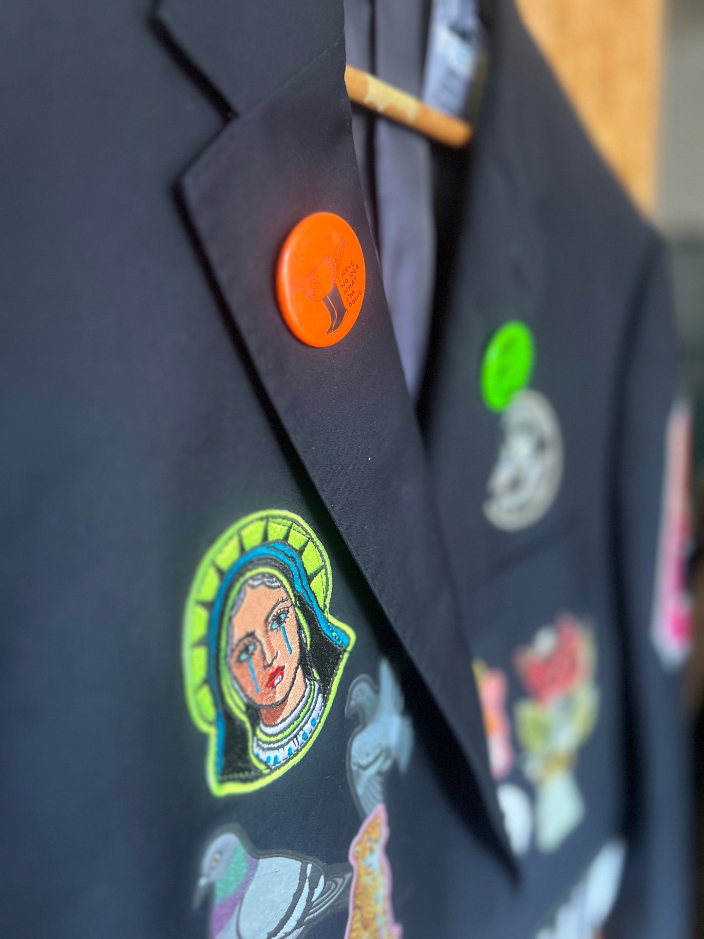 Upcycled Blazer Jacket with Pins,Signs, Patches & Artwork by Snacks
