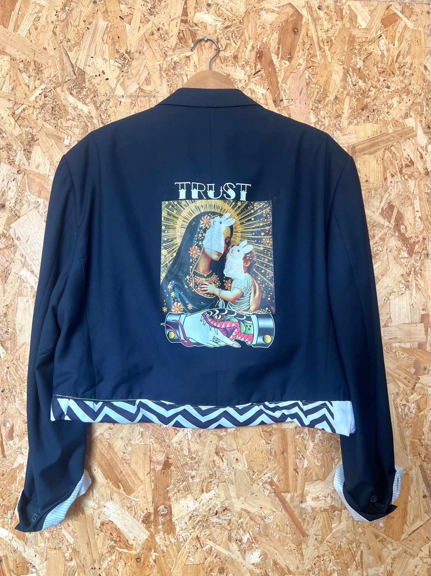 Upcycled Blazer Jacket with Pins,Signs, Patches & Artwork by Snacks