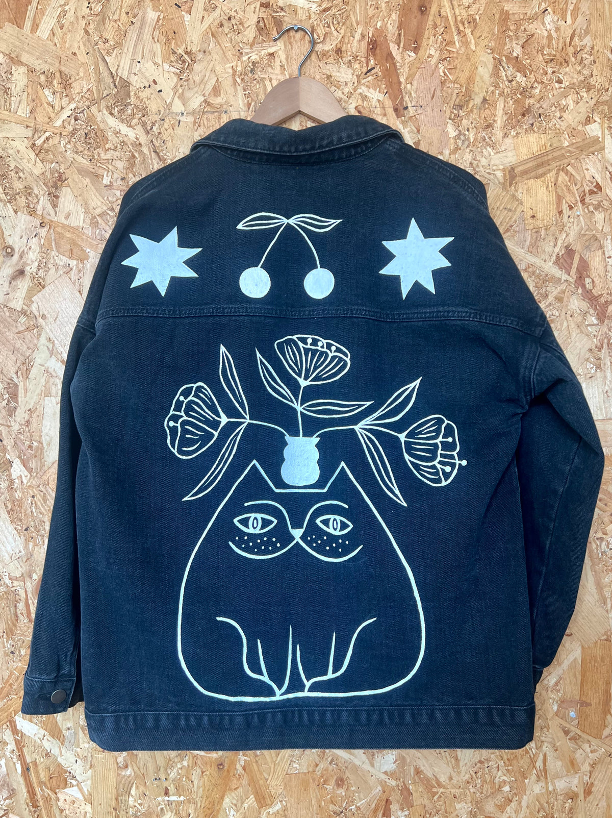 Cat Illustration Reclaimed Black Denim Jacket Hand Painted by Anna Soba